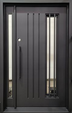 a black front door with two sidelights and bars on the top part of it