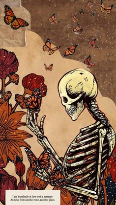 a skeleton sitting on top of a flower next to a butterfly filled sky with butterflies