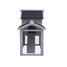 a gray bird house with a black roof and window on the top, against a white background