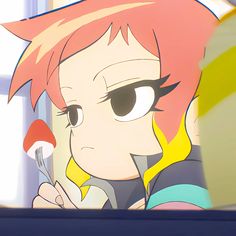 an anime character with pink hair holding a spoon