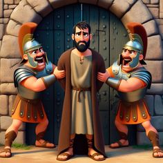 three cartoon characters standing in front of a stone wall with a door that has an arch