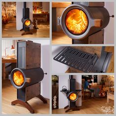 four different views of a wood stove with fire in it's front and back