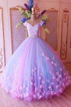 PM110,Princess Pink And Blue Ball Gown Prom Dresses With Flowers, Quin – prommirror Ball Gown Prom Dresses, Gown Prom Dresses, Beautiful Ball Gowns, Princess Prom Dresses, Lace Ball Gowns, Quinceanera Dress, Ball Gowns Evening