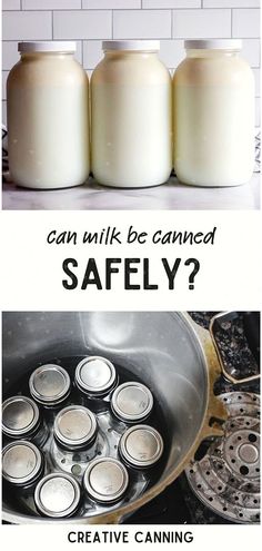 three jars filled with milk sitting on top of a stove