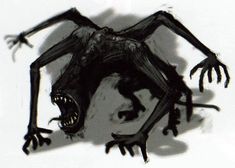 a black and white drawing of a monster with its mouth open