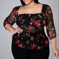 A Gorgeous And Tantalizing Rose Print Adorns This Top, Featuring A Stretch Square Neckline And Sheer Material. Both The Sleeves And Abdomen Are Delicately Sheer. Plus Size Off The Shoulder Top, Plus Size Baddie Outfits, Plus Size Summer Outfit, Curvy Jeans, Sheer Material, Top Summer, Plus Size Top, Curvy Girl Fashion, Rose Print