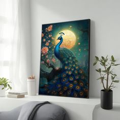 a painting of a peacock sitting on top of a white shelf next to a potted plant