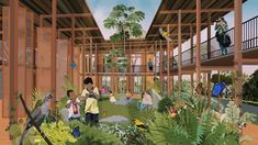 an artist's rendering of the inside of a building with children and birds in it