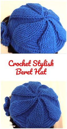 two pictures of a woman's blue hat with the words crochet slflish