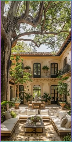 an outdoor living area with couches and tables in front of a large tree filled courtyard