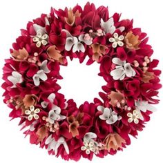 a red and white wreath with flowers on it