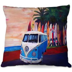 a painting of a vw bus parked in front of a row of surfboards