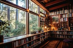 a room filled with lots of books on top of a wooden shelf next to a window