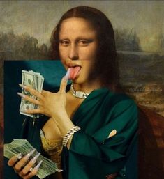 a painting of a woman with money sticking out of her mouth and holding it in one hand