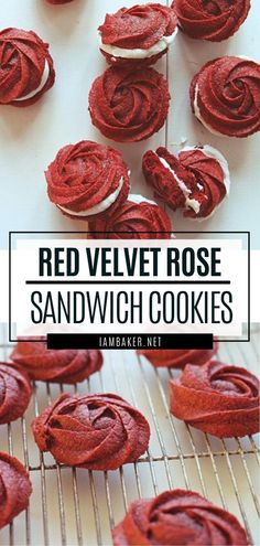 red velvet rose sandwich cookies on a cooling rack with text overlay that reads, red velvet rose sandwich cookies