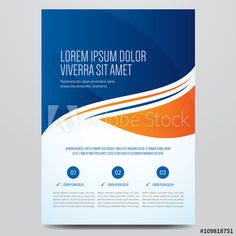 a blue and orange brochure with wavy lines