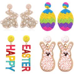 PRICES MAY VARY. Get into spirit this holiday season with our adorable Easter earrings!A set of 4 spring holiday earrings,Including 2 pairs beaded rabbit earrings,happy easter letter earrings and easter egg beaded drop earrings.Each features a festive design and seasonal styles,adding a little sparkle yet alluring element to your easter costume outfits. If there's one time of year you can get away with tacky jewellry,it's definitely Easter.Add a little bit of festive cheer to your Spring party o Beaded Rabbit, Beaded Bunny, Holiday Party Earrings, Mardi Gras Earrings, 4th Of July Earrings, Irish Earrings, Flag Earrings, Easter Costume, Christmas Tree Snowflake