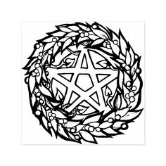 a black and white drawing of a star surrounded by leaves