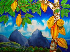 a painting of bananas hanging from a tree with mountains in the backgroung