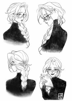 four drawings of different hairs and glasses, one with braids on her head while the other is holding a cell phone