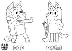 two cartoon dogs with the words mom and dad written in black ink on white paper