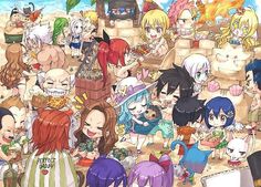 an anime scene with many people and animals on the beach, all dressed up in costumes