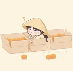 a woman in a straw hat sitting inside of boxes filled with oranges on the ground