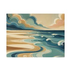 an abstract painting with waves and clouds in blue, orange, yellow and beige colors