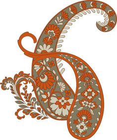 the letter s is made up of flowers and paisley designs on an orange, gray, and white background