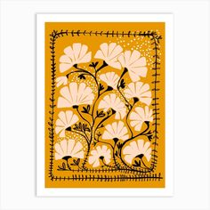 an orange and black art print with flowers on the bottom, in a square frame