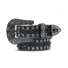 Black Skull With Black & Crystal Rhinestone Belt Black Adjustable Gothic Belt, Silver Belt With Rhinestone Rivets For Party, Edgy Black Belt Buckles, Street Jeans, Belt Store, Bling Belts, Designer Belt, Rhinestone Belt, Studded Belt