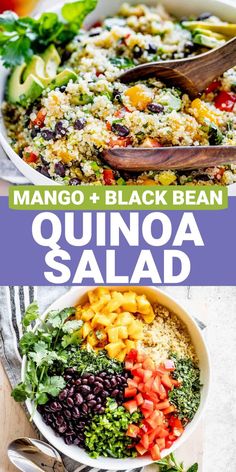 mango and black bean quinoa salad in a white bowl