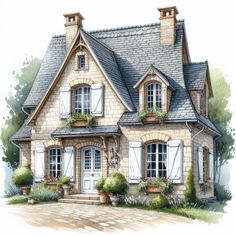 a drawing of a house with windows and shutters on the front, surrounded by greenery