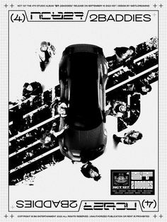 a black and white poster with an image of a car in the middle of it