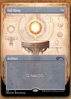 a card with an image of a table and some writing on the front, which reads sol ring artifact add