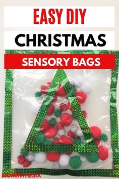 a christmas tree made out of plastic bags with the words easy diy christmas sensory bags