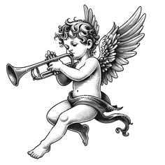 an angel with wings playing a trumpet