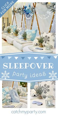 a collage of blue and white snowflakes with text that reads sleepover party ideas