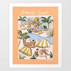 an art print with people sitting under umbrellas on the beach and palm trees in the background