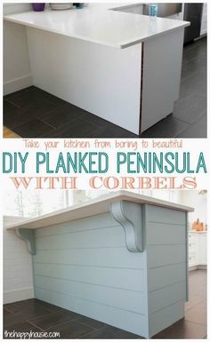 two pictures with the words diy planked peninsulaa and an image of a kitchen island