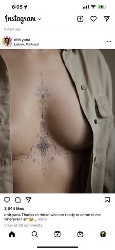 a woman's chest with an intricate tattoo on her left side and the words instagramn above it