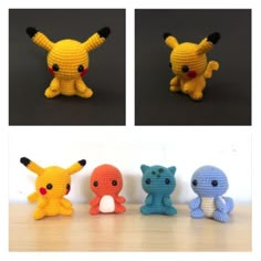 crocheted pokemon figurines sitting on top of a table