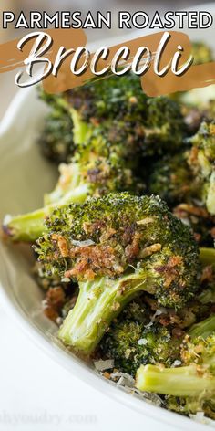 broccoli in a white bowl with parmesan toasted broccoli