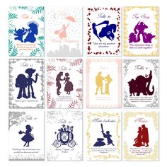 the silhouettes of disney characters are shown in different colors