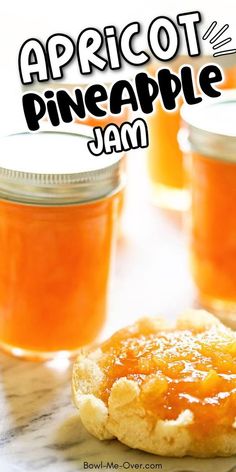 apricot pineapple jam in jars on a marble counter with text overlay