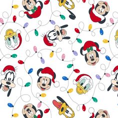 mickey mouse and friends christmas lights on white fabric with red, green, blue, yellow, and orange colors