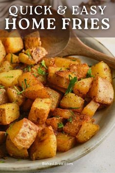 a white bowl filled with cooked potatoes and garnished with herbs