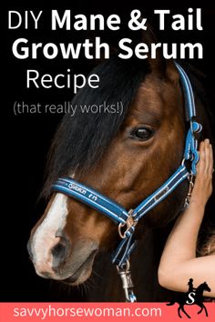 a woman standing next to a horse with the words diy mane & tail growth scrub recipe