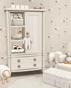 a baby's room with white furniture and wallpaper