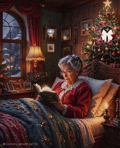 an old woman reading a book in bed with christmas decorations on the wall behind her